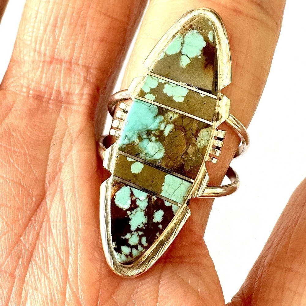 Navajo Long #8 Mine Turquoise Ring Sz 8 Sterling Signed BE Marquis Native Americ